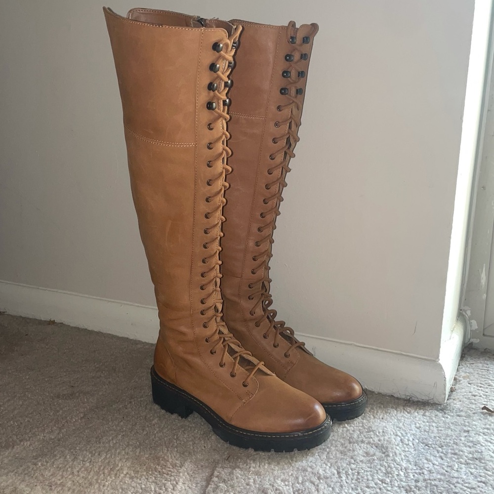 Kelsi Dagger Tall Boots tan newbuck lace front